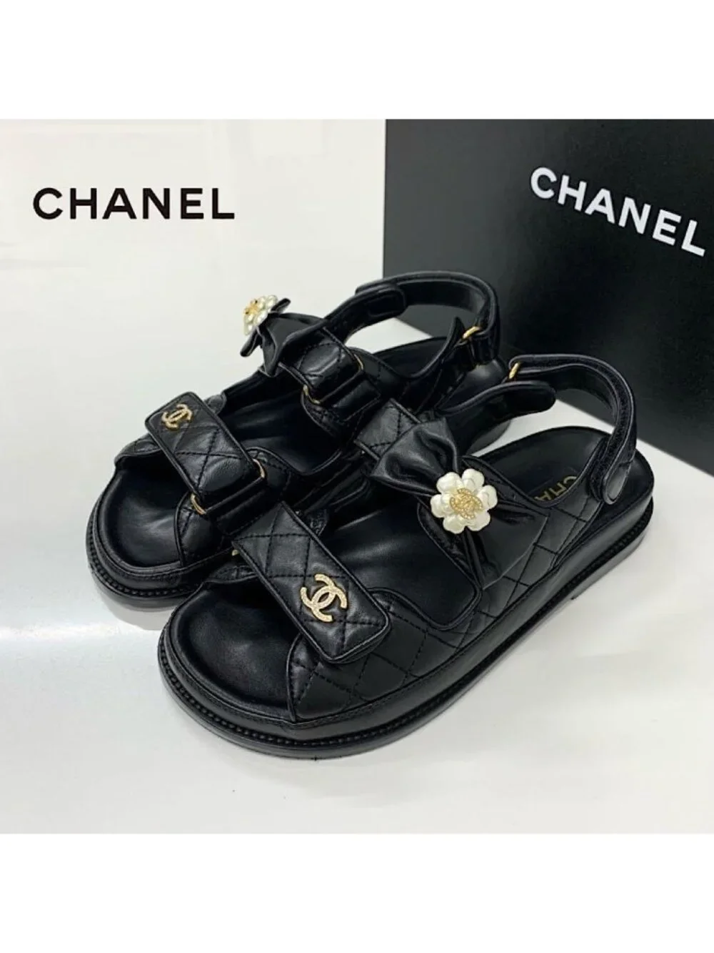 Chanel CC Logo Quilted Camellia Rhinestone Leather Sandals